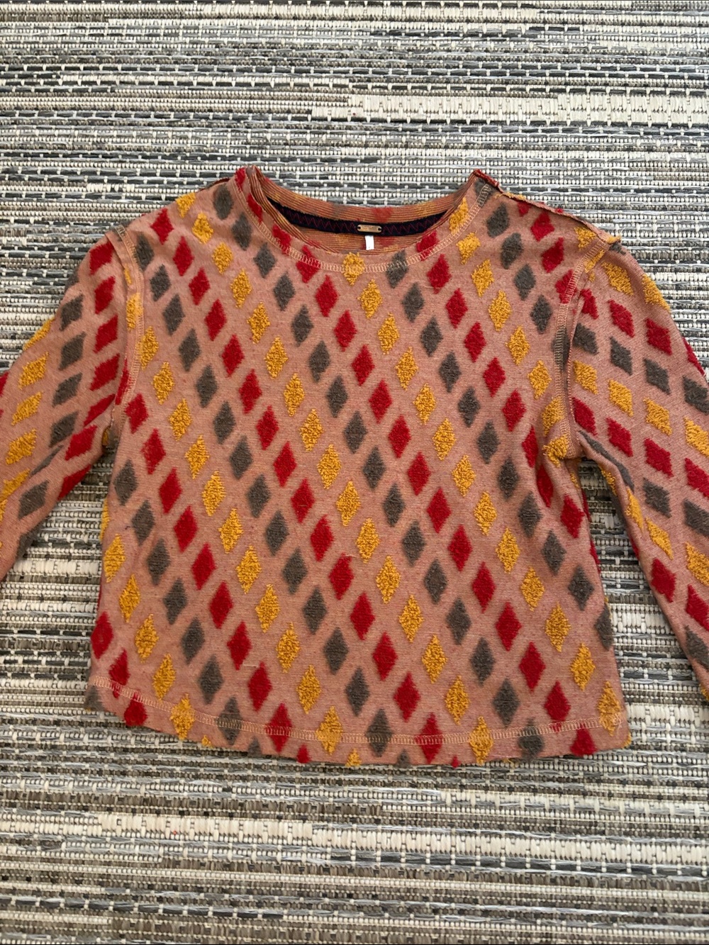 Free People Pink Diamond-Print Crop Top with Red, Mustard & Gray Accents